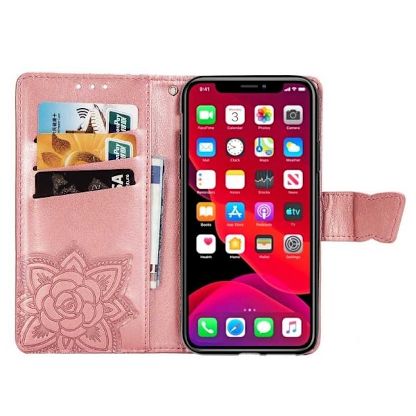 iPhone 11 Pro Max Pung-etui PU-læder 4-LOMMES Motiv Sommerfugl Rosenguld