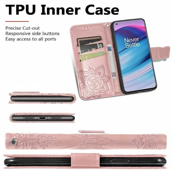 OnePlus Nord CE 5G lompakkokotelo PU-nahkainen 4-POCKET Motif Butterfly Pink gold