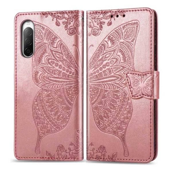 Xperia 10 II Pung Etui PU Læder 4-LOMMES Motiv Sommerfugl Pink gold