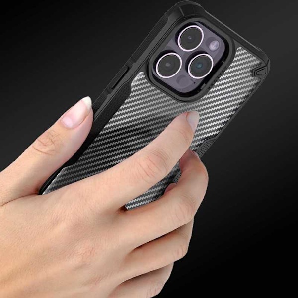 Iskunkestävä suojus läpinäkyvällä Carbon Design Legend iPhone 14 Pro:lla