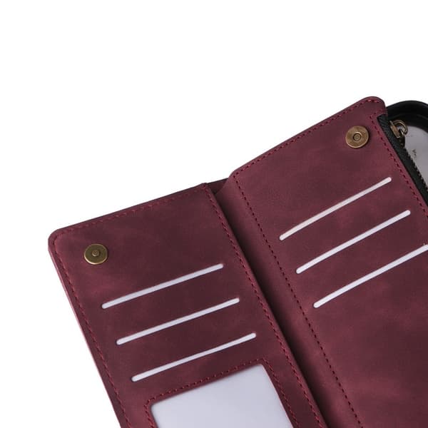iPhone 15 Pro Max Multifunktionellt Plånboksfodral Zipper 8-Fack Vinröd