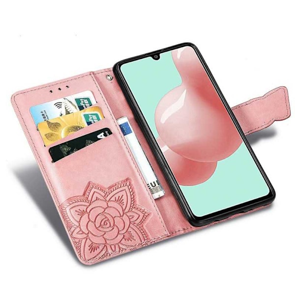 Samsung A41 lompakkokotelo PU-nahkainen 4-POCKET Motif Butterfly Pink gold