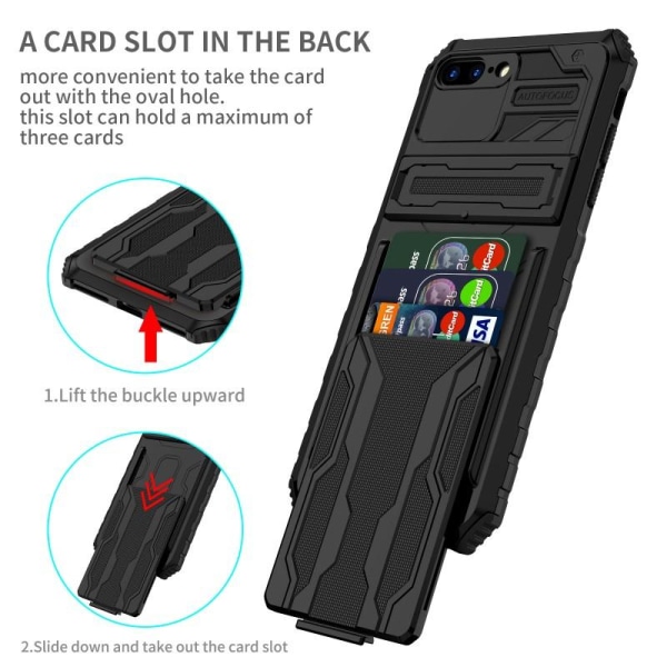 iPhone 7 Plus / 8 Plus Iskunkestävä kansi Jalusta ja korttipaikk Black
