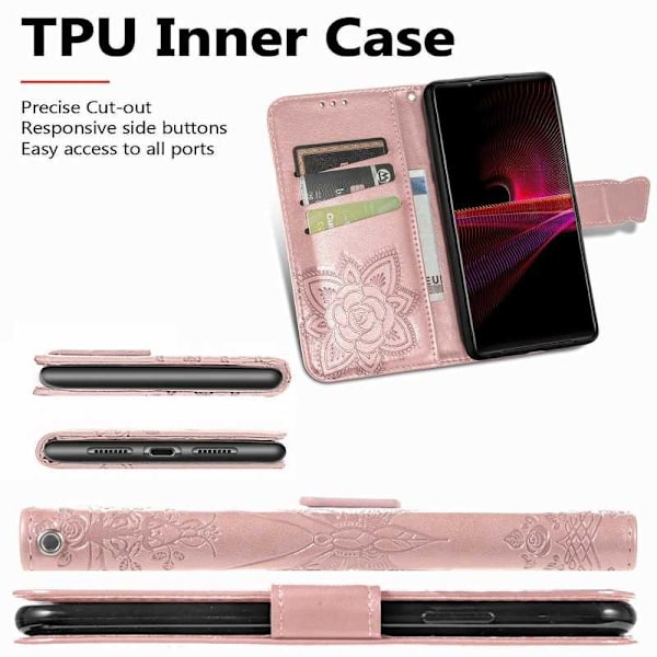 Xperia 1 III Plånboksfodral PU-Läder 4-FACK Motiv Fjäril Rosa guld