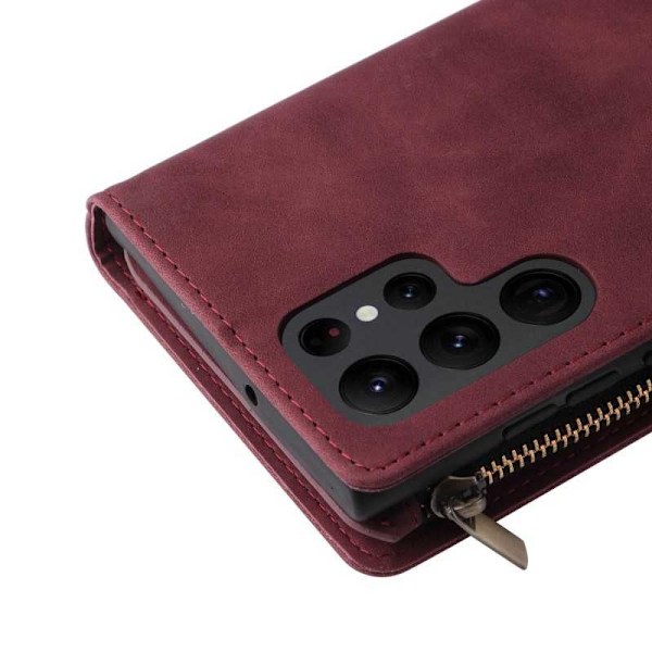 Samsung S22 Ultra Multifunktionellt Plånboksfodral Zipper 8-Fack Vinröd