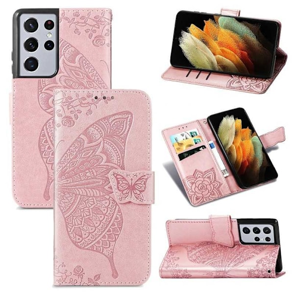 Samsung S21 Ultra Plånboksfodral PU-Läder 4-FACK Motiv Fjäril Rosenguld