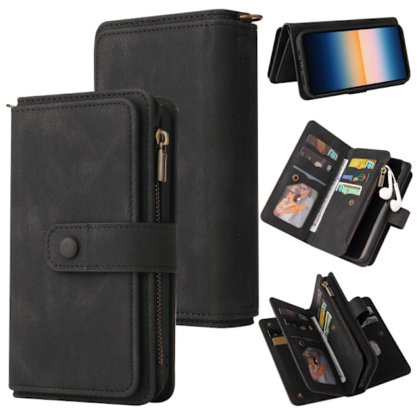 Xperia 1 IV Multifunktionellt Plånboksfodral Zip 13-Fack Svart