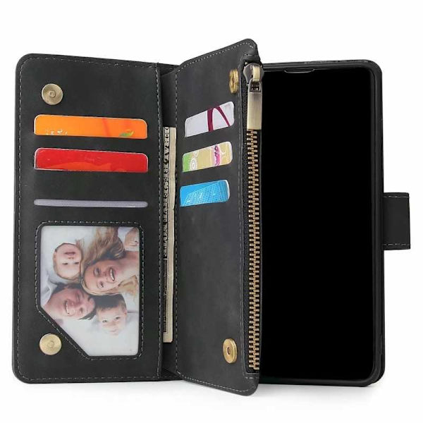Samsung S10 Plus Multifunktionellt Plånboksfodral Zipper 8-Fack Svart