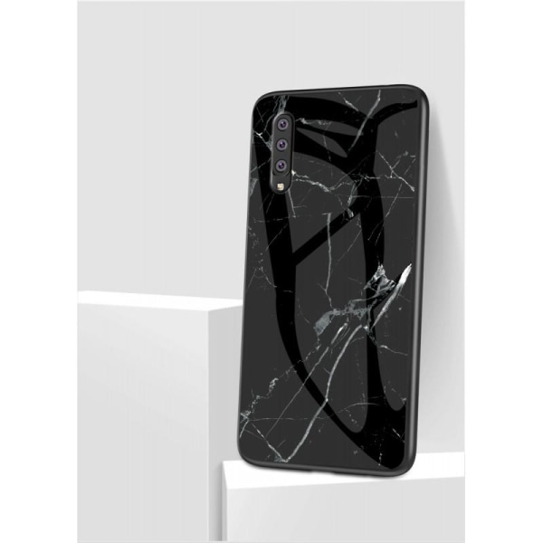 Samsung A7 2018 Marble Shell 9H karkaistu lasitausta Glassback V Black Svart/Vit
