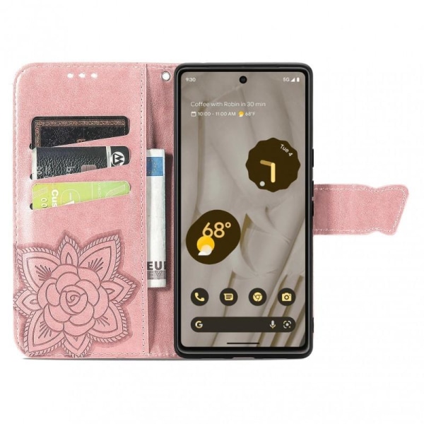 Google Pixel 8 lompakkokotelo PU-nahkainen 4-taskuinen perhonen Pink gold