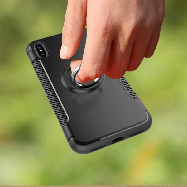 iPhone XS ja X Käytännöllinen iskunkestävä suojus sormustelineel Svart