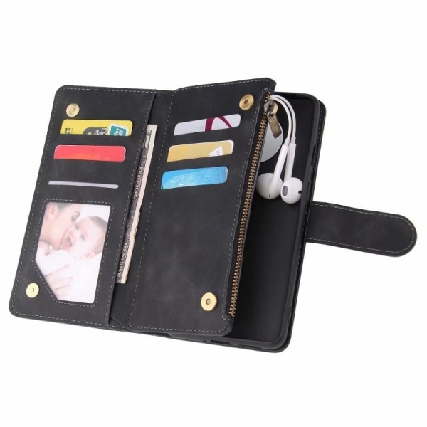 OnePlus 7T monitoiminen lompakkokotelo, vetoketjullinen 8 tasku Black