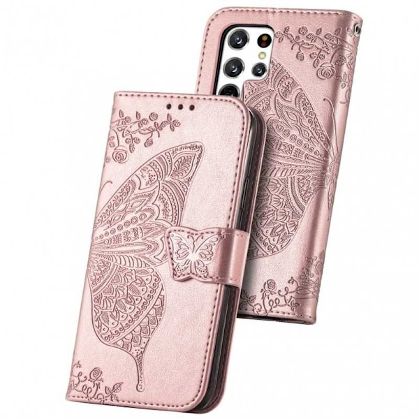 Samsung S22 Ultra Plånboksfodral PU-Läder 4-FACK Motiv Fjäril Rosa guld