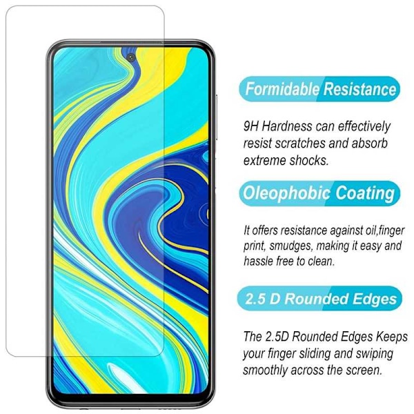 2-PACK Redmi Note 9 Hærdet glas 0,26 mm 2,5D 9H Transparent