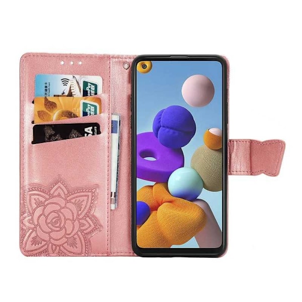 Samsung A21s Plånboksfodral PU-Läder 4-FACK Motiv Fjäril Rosa guld