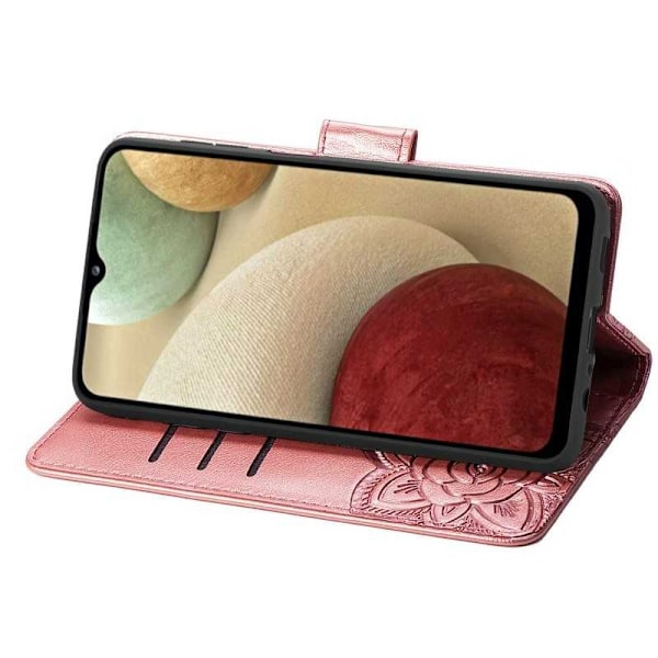 Samsung A12 Pung Etui PU Læder 4-LOMMES Motiv Sommerfugl Pink gold