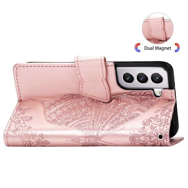 Samsung S21 Plus Plånboksfodral PU-Läder 4-FACK Motiv Fjäril Rosenguld