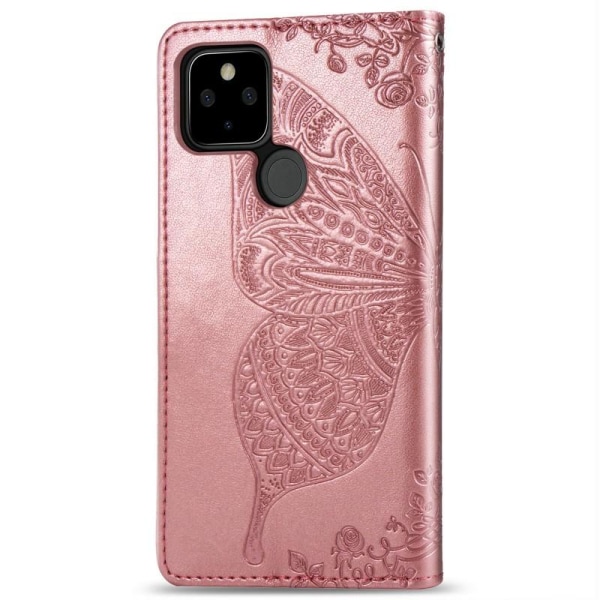 Google Pixel 4a 5G lommebokveske PU skinn 4-LOMMER Motiv Butterf Pink gold