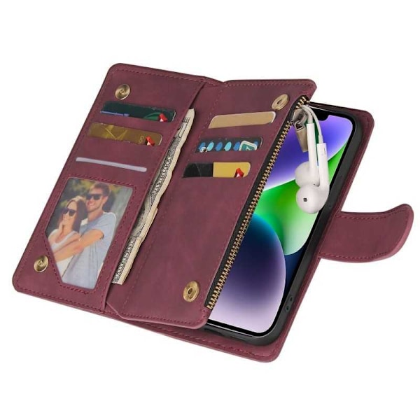 iPhone 15 Plus multifunktionelt pung etui Lynlås 8-rum