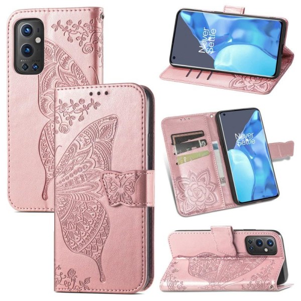 OnePlus 9 Pro  lommebokveske PU skinn 4-LOMMER Motiv Butterfly Pink gold