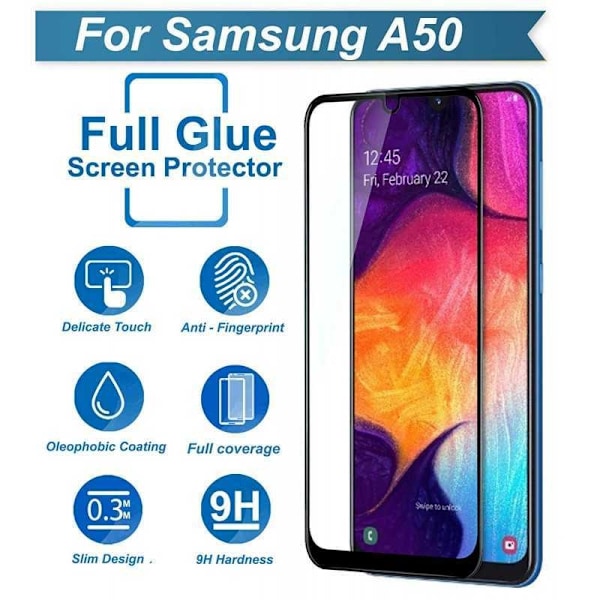 Samsung A50 Härdat Glas 0.26mm 2.5D 9H Fullframe Transparent