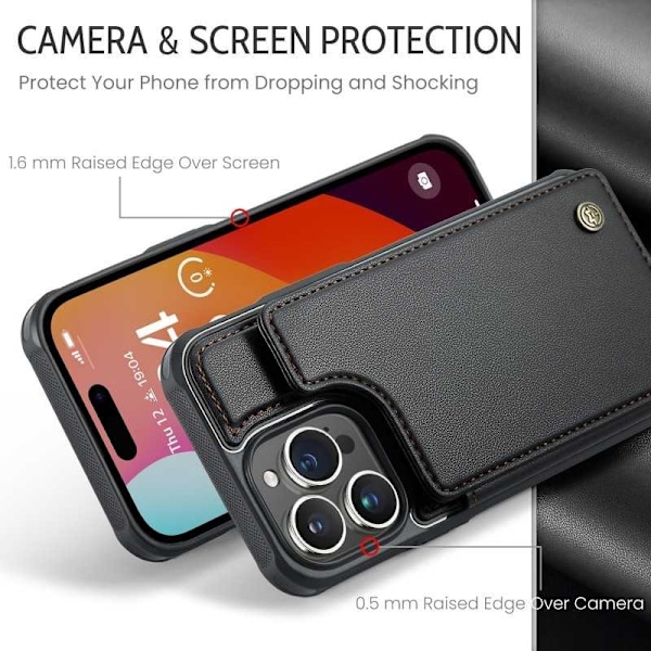 CaseMe Shockproof Cover Kortholder Stander 4-rums iPhone 15 Pro Max Sort