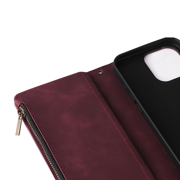 iPhone 15 Pro Max multifunktionelt pung etui Lynlås 8-rum Svart