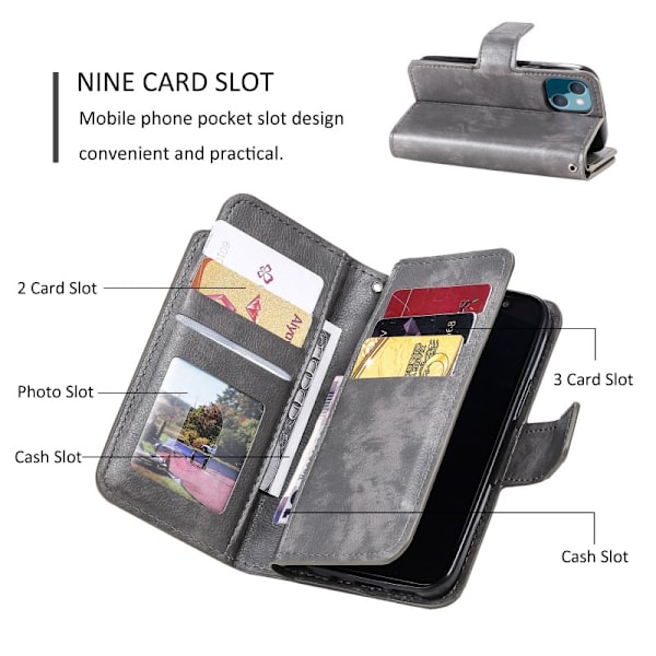 iPhone 13 Mini Praktisk Plånboksfodral med 12-Fack Array V4 - Grå grå