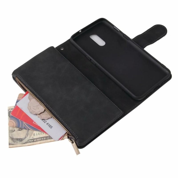 OnePlus 7 -monitoiminen lompakkokotelo, vetoketjullinen 8 tasku Black