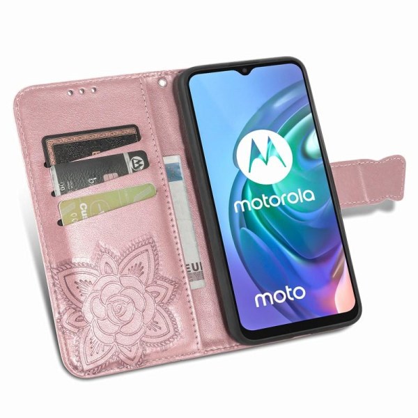 Motorola G30 Pung Etui PU Læder 4-LOMMES Butterfly Motiv Pink gold