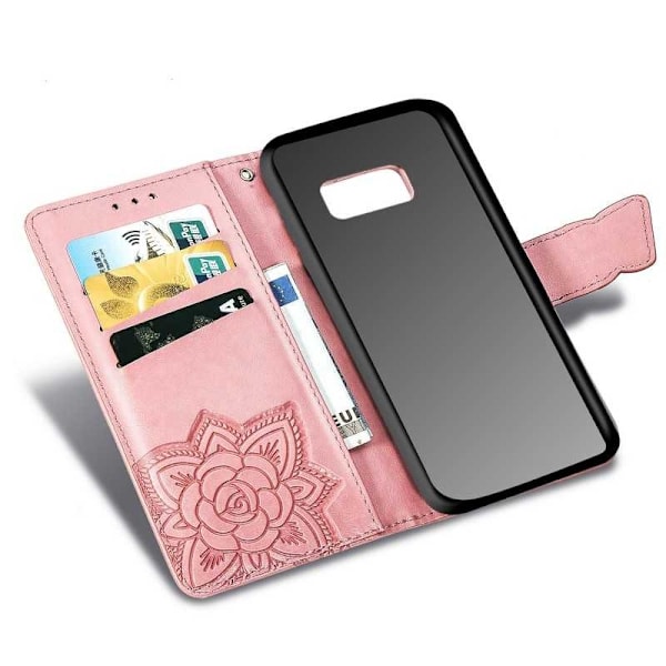 Samsung S8 Pung Etui PU Læder 4-LOMMES Motiv Sommerfugl Rosenguld