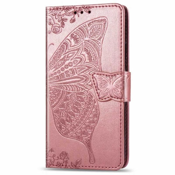 OnePlus 8T Plånboksfodral PU-Läder 4-FACK Motiv Fjäril Rosa guld