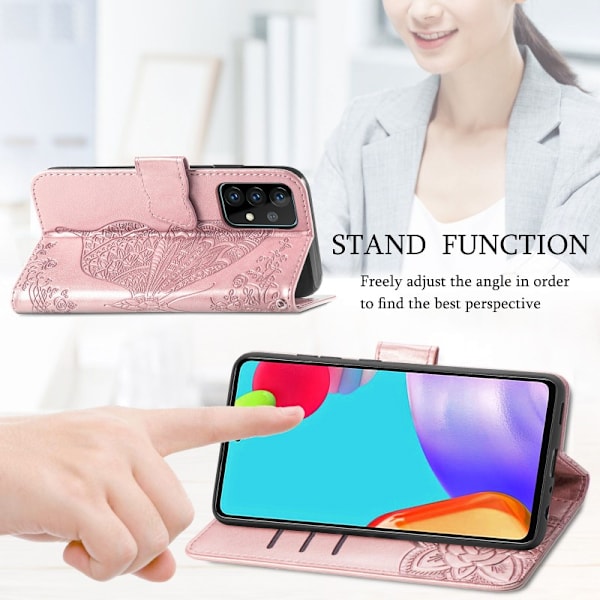 Samsung A72 4G / 5G pung etui PU læder 4-LOMMES Motiv Sommerfugl Pink gold