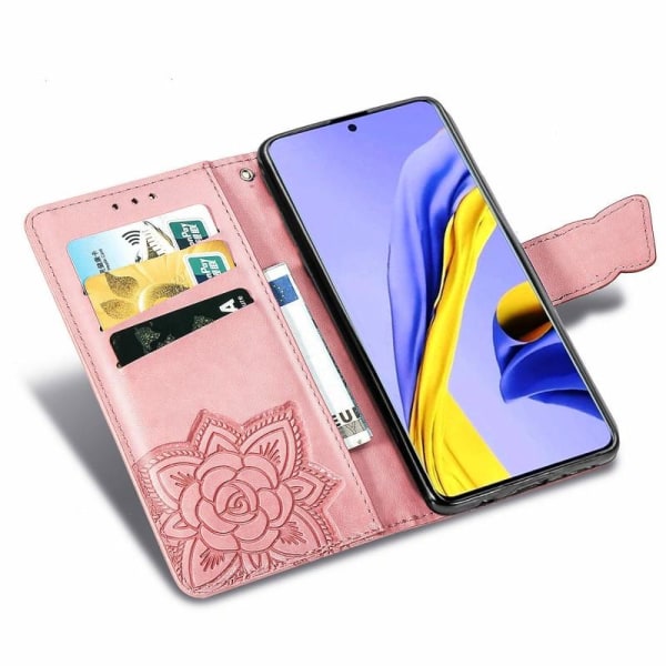 Samsung A51 4G Pung Etui PU Læder 4-LOMMES Motiv Sommerfugl Pink gold