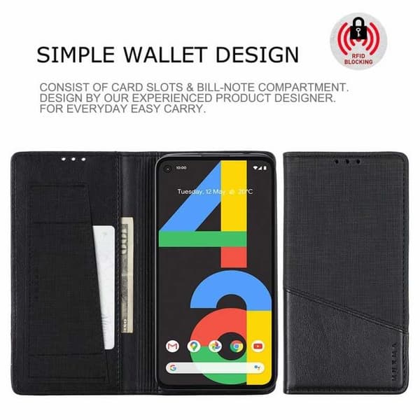 Google Pixel 4a 4G / LTE elegantti PU-nahkakotelo RFID-estolla Black