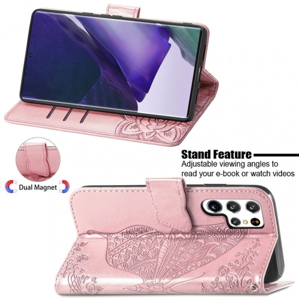 Samsung S23 Ultra Plånboksfodral PU-Läder 4-FACK Motiv Fjäril Rosa guld