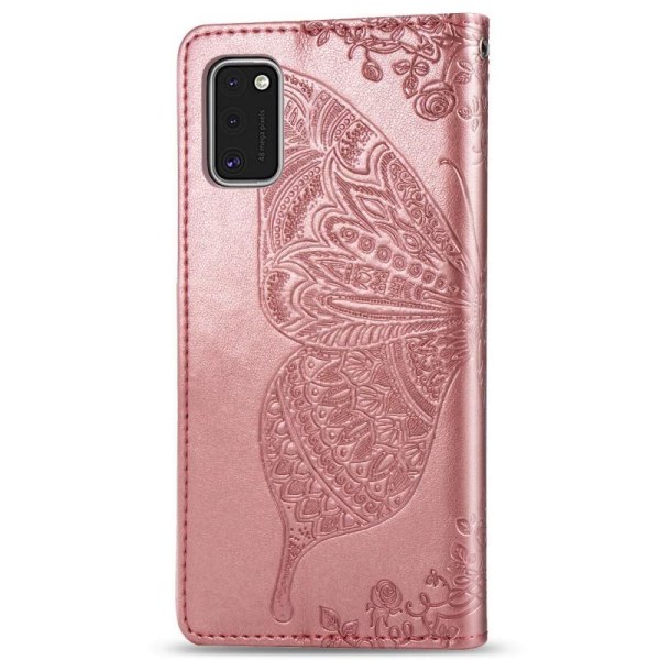 Samsung A41 Pung Etui PU Læder 4-LOMMES Motiv Sommerfugl Pink gold