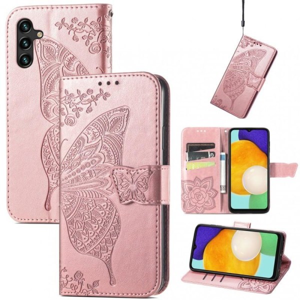 Samsung A54 5G Plånboksfodral PU-Läder 4-FACK Motiv Fjäril Rosa guld