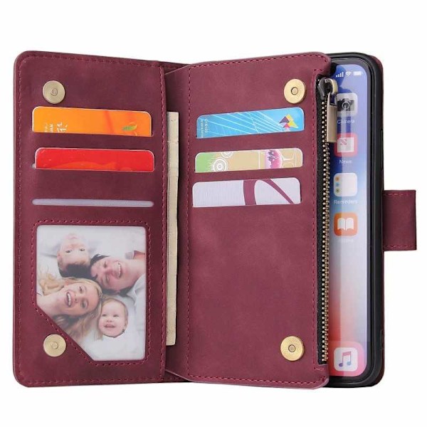 iPhone X / XS multifunktionelt pung etui Lynlås 8-rum Svart