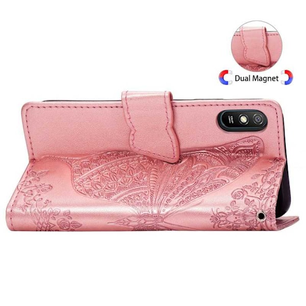 Xiaomi Redmi 9A -lompakkokotelo PU-nahkainen 4-taskuinen perhonen Pink gold