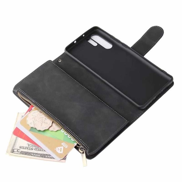 Huawei P30 Pro Multifunktionellt Plånboksfodral Zipper 8-Fack Svart