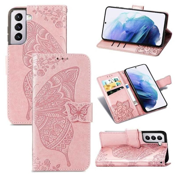 Samsung S21 Plus Plånboksfodral PU-Läder 4-FACK Motiv Fjäril Rosenguld
