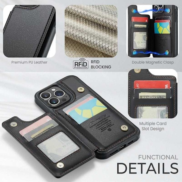 CaseMe Shockproof Cover Kortholder Stander 4-rums iPhone 15 Pro Max Sort