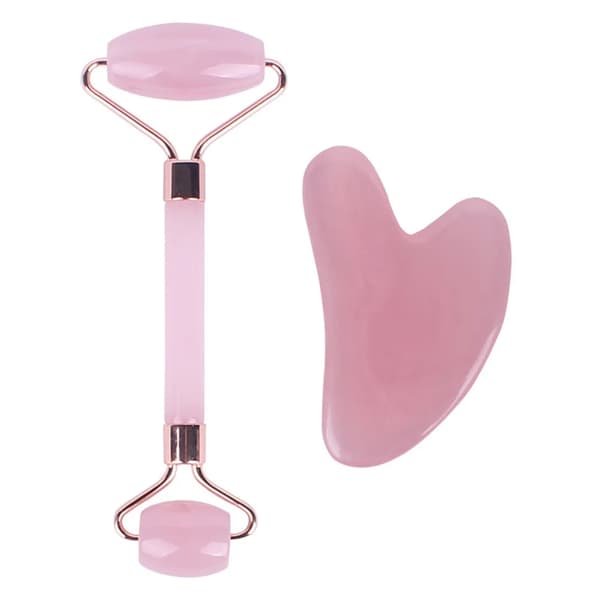 2 st/set Gua Sha Sten Ansiktsmassage Sten Rosenkvarts Jade Sten Ansiktsmassage Roller Gua Sha Skrapa~03550