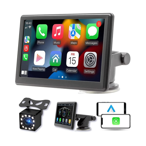 Bärbar trådlös Carplay-skärm Dash Mount, 7 tums pekskärm Bilstereo Bluetooth, Fm