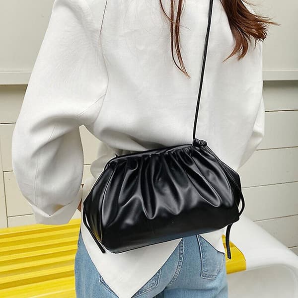 Dames Dumpling Bag Skyform Håndveske Ruched Bag Strap Crossbody Skulderveske Black