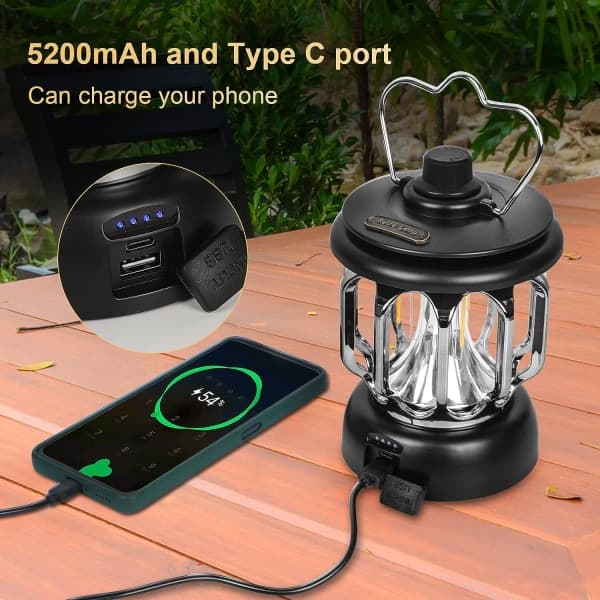 Svart LED USB Oppladbart Campinglys Vintage Dimbar Varmt Hvit