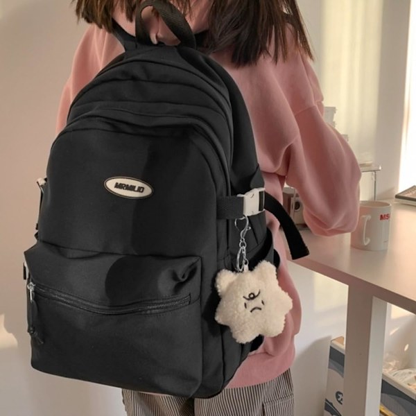 Kawaii Ryggsäck med Söt Tillbehör Estetisk 15,6 Tums Laptop Ryggsäck Hänge (Svart)