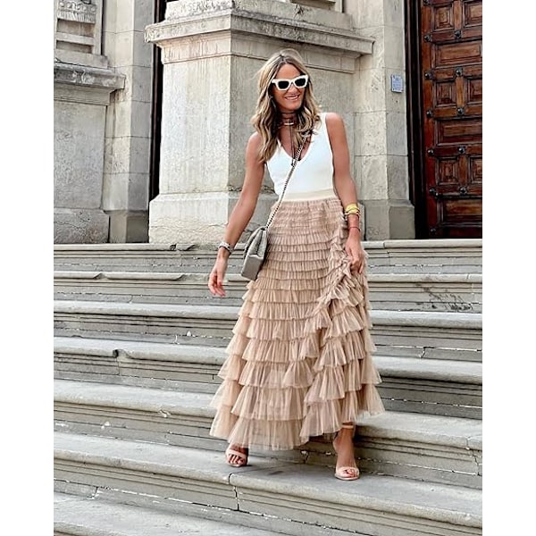 Dam Tulle Maxi-kjol A-linje Rynkad Mesh Hög Midja Underkjol Khaki Khaki XL