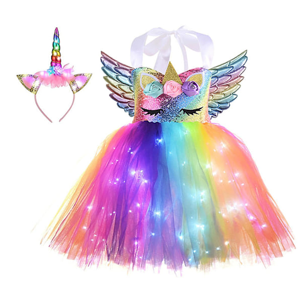 Barn Glödande Enhörningar Kostym Barn Färgglada Led-ljus Paljetter Födelsedagsfest Klänningar Glänsande Princess Cosplay Klänning 6T 6T White Light Colored
